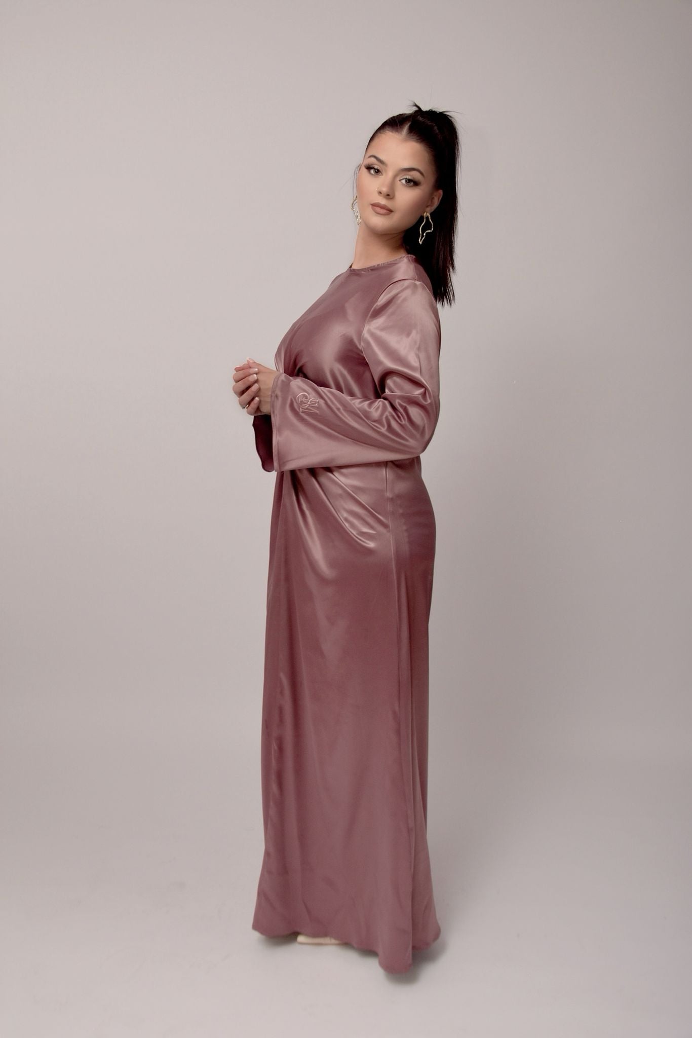Long Stretch Satin Dress - Mellow Mauve Color