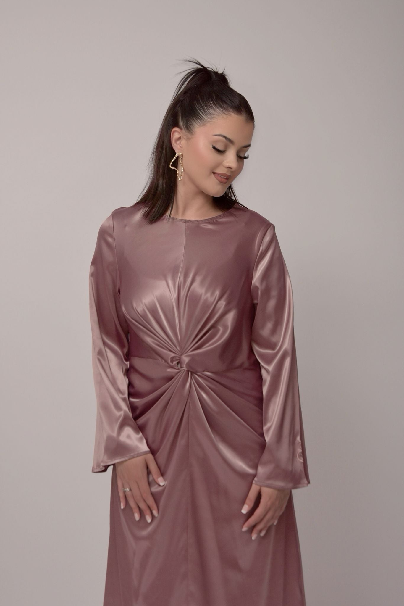 Long Stretch Satin Dress - Mellow Mauve Color