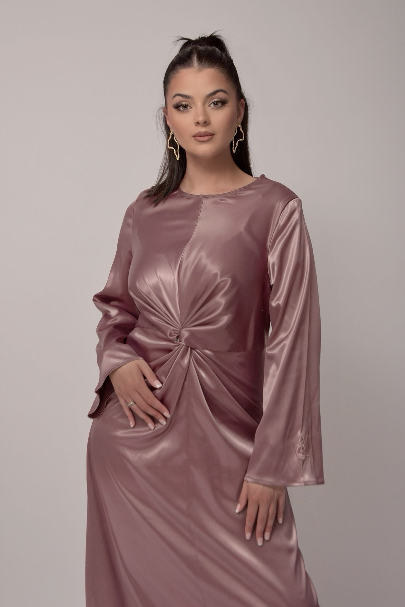 Long Stretch Satin Dress - Mellow Mauve Color