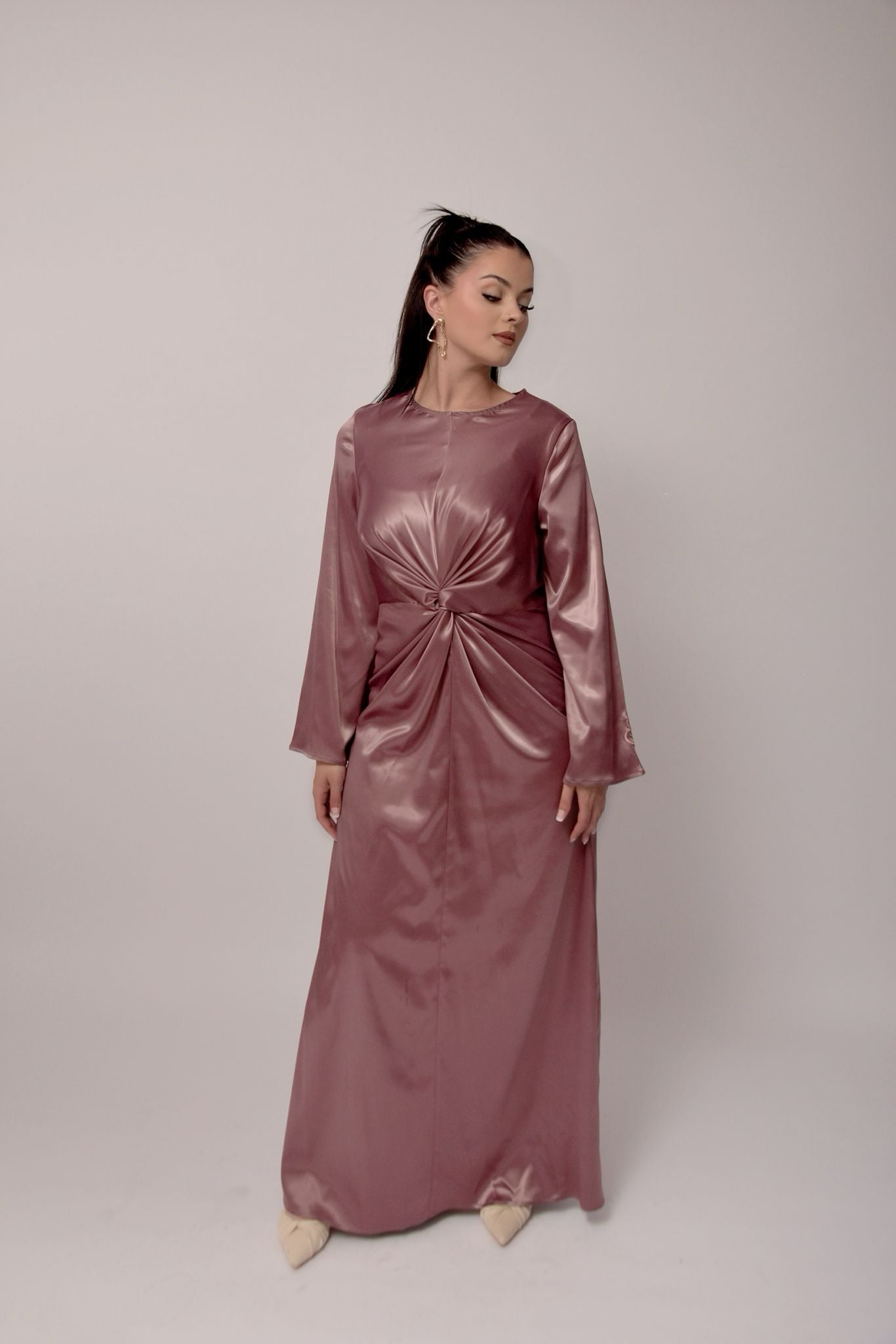 Long Stretch Satin Dress - Mellow Mauve Color